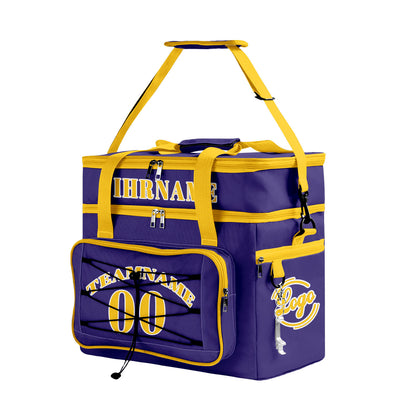 Maßgeschickerte Lila Gelb vollflächig bedruckte isolierte Kühltasche mit Doppelwand Wasserdichte 600D Oxford Picknick-Tragetasche für Teamevents & Outdoor-Grillen