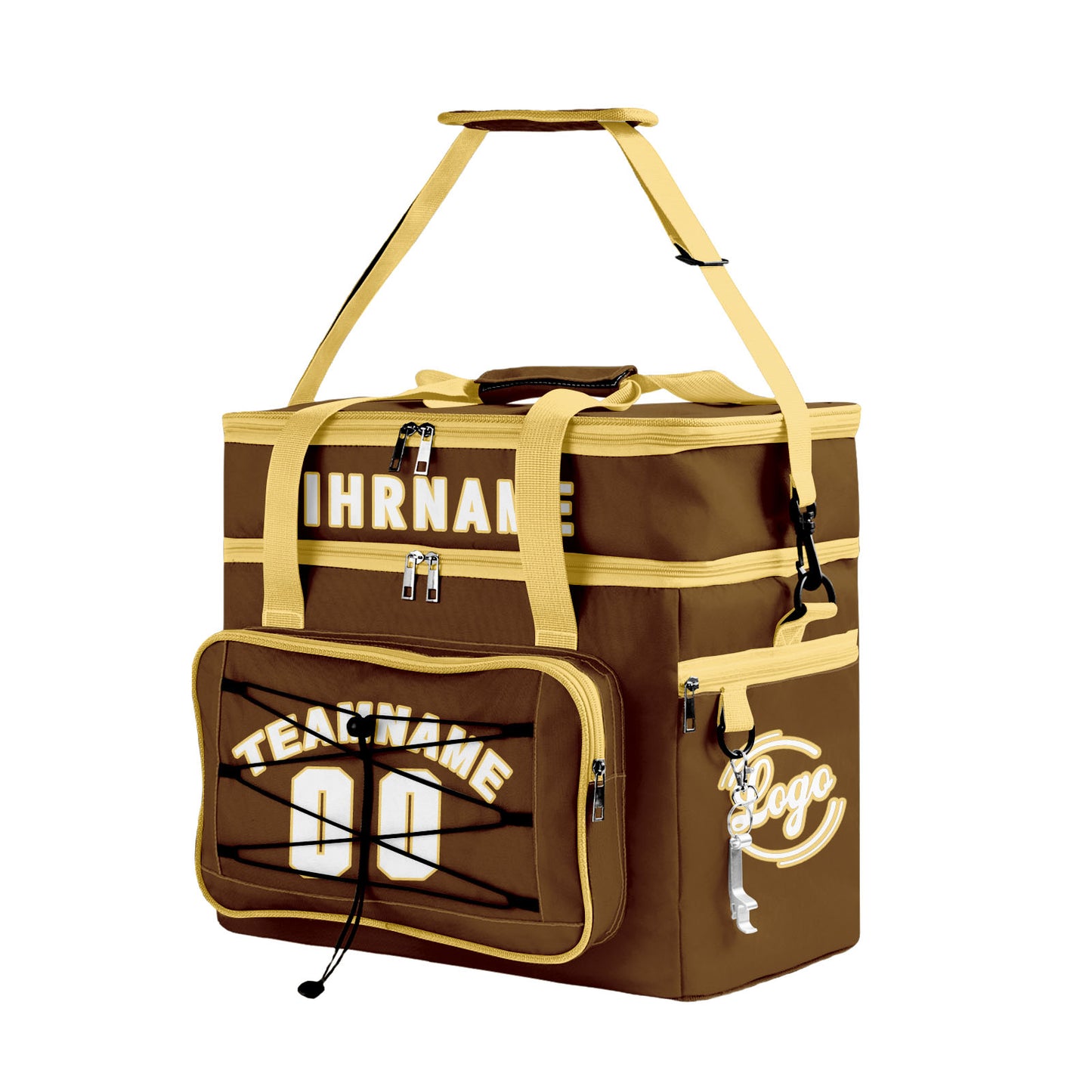 Maßgeschickerte Braun Gelb vollflächig bedruckte isolierte Kühltasche mit Doppelwand Wasserdichte 600D Oxford Picknick-Tragetasche für Teamevents & Outdoor-Grillen