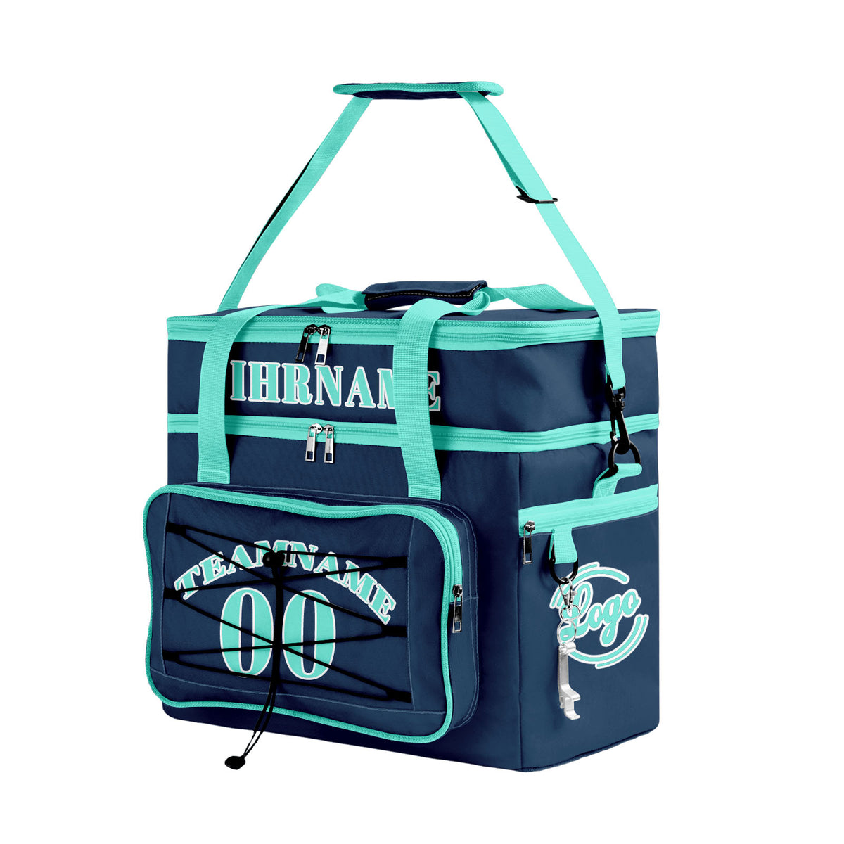 Maßgeschickerte Blau Cyan vollflächig bedruckte isolierte Kühltasche mit Doppelwand Wasserdichte 600D Oxford Picknick-Tragetasche für Teamevents & Outdoor-Grillen