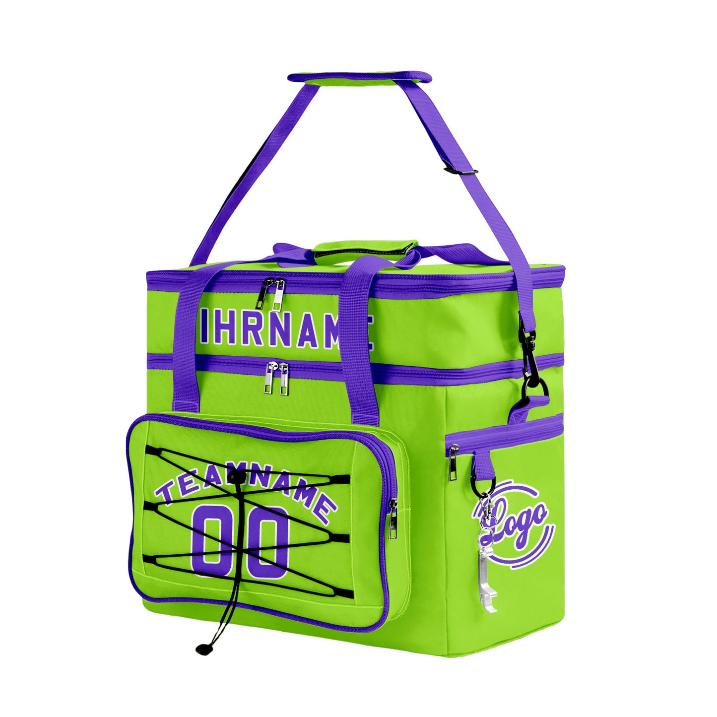 Maßgeschickerte Grün Lila vollflächig bedruckte isolierte Kühltasche mit Doppelwand Wasserdichte 600D Oxford Picknick-Tragetasche für Teamevents & Outdoor-Grillen