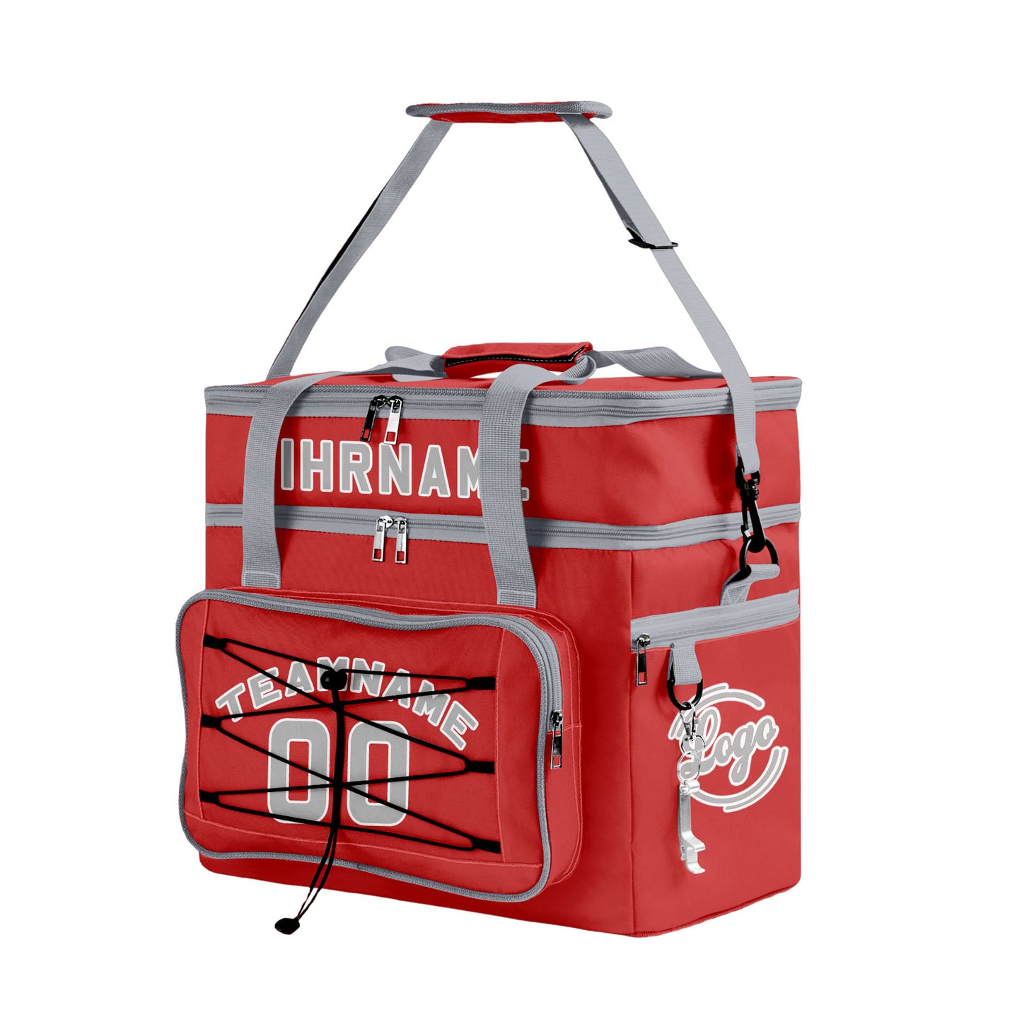 Maßgeschickerte Rot Grau vollflächig bedruckte isolierte Kühltasche mit Doppelwand Wasserdichte 600D Oxford Picknick-Tragetasche für Teamevents & Outdoor-Grillen