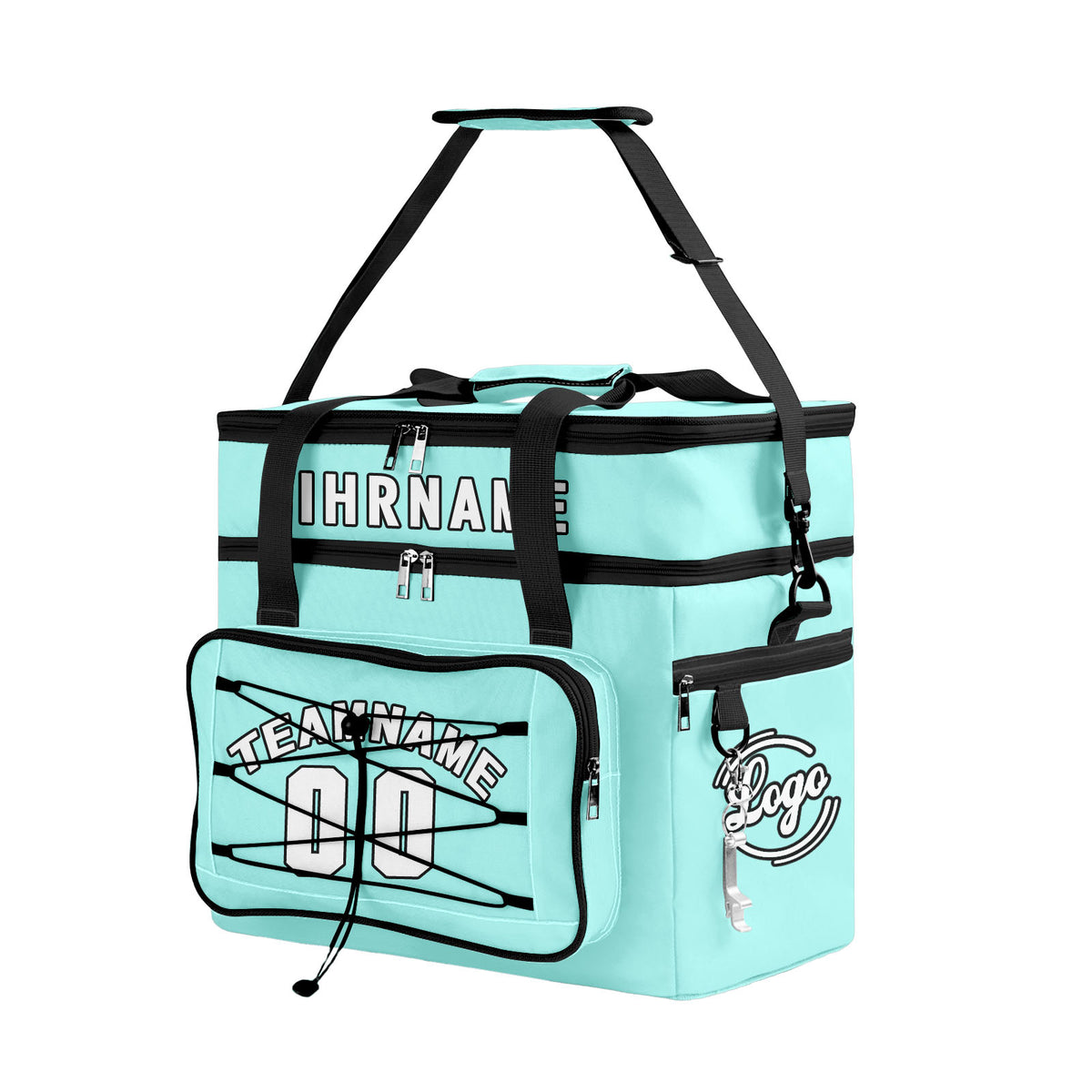 Maßgeschickerte Cyan Schwarz vollflächig bedruckte isolierte Kühltasche mit Doppelwand Wasserdichte 600D Oxford Picknick-Tragetasche für Teamevents & Outdoor-Grillen