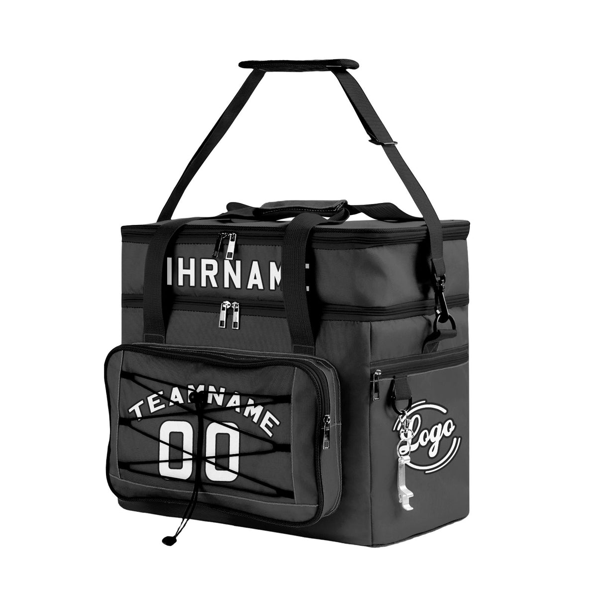 Maßgeschickerte Grau Schwarz vollflächig bedruckte isolierte Kühltasche mit Doppelwand Wasserdichte 600D Oxford Picknick-Tragetasche für Teamevents & Outdoor-Grillen