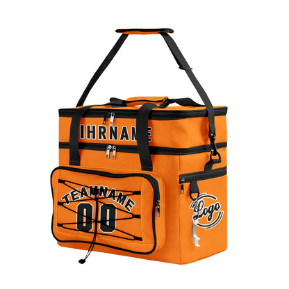 Maßgeschickerte Orange Schwarz vollflächig bedruckte isolierte Kühltasche mit Doppelwand Wasserdichte 600D Oxford Picknick-Tragetasche für Teamevents & Outdoor-Grillen