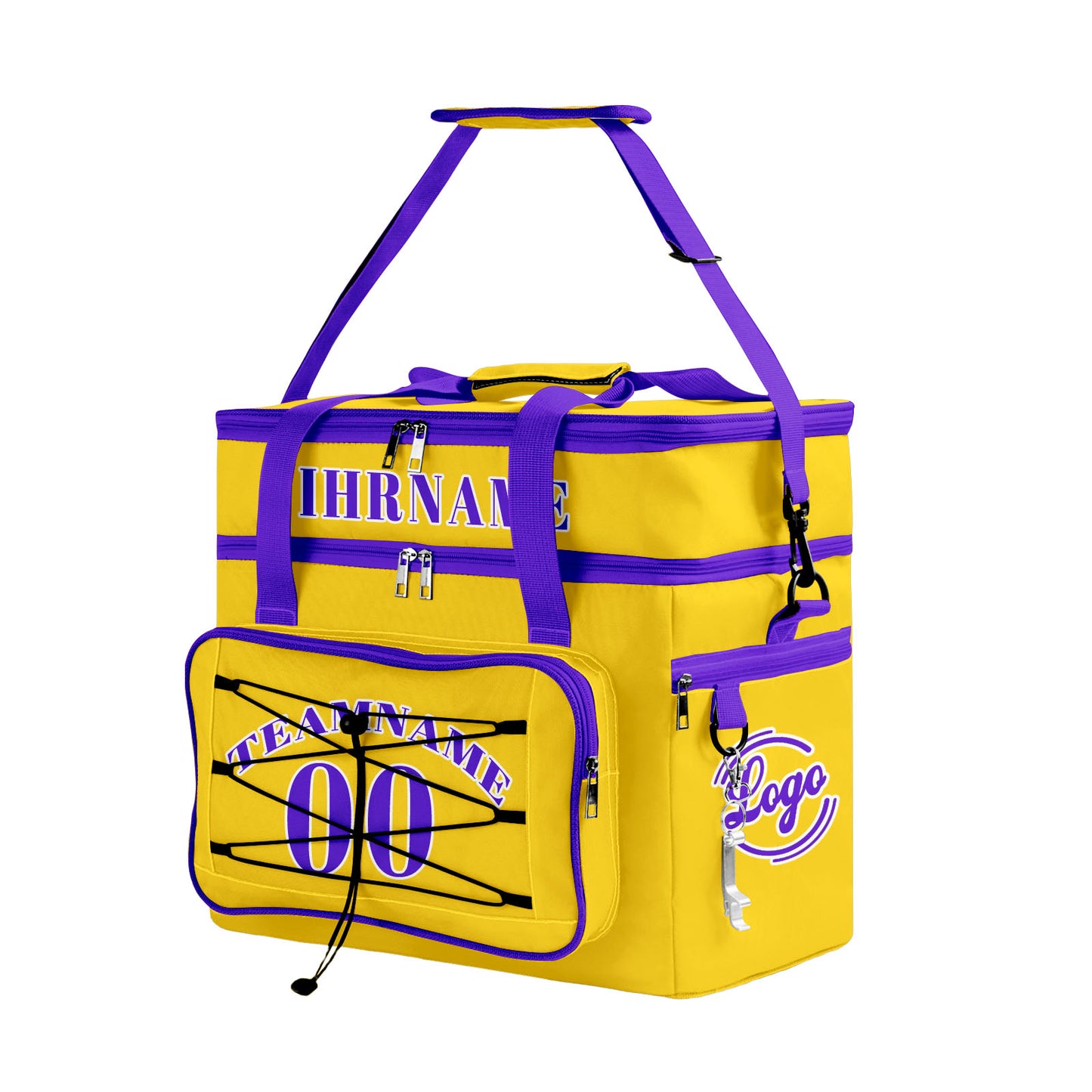 Maßgeschickerte Gelb Lila vollflächig bedruckte isolierte Kühltasche mit Doppelwand Wasserdichte 600D Oxford Picknick-Tragetasche für Teamevents & Outdoor-Grillen