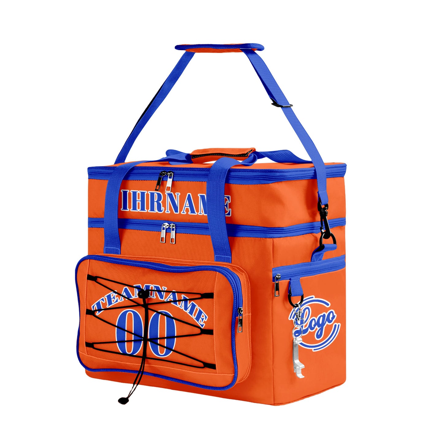 Maßgeschickerte Orange Blau vollflächig bedruckte isolierte Kühltasche mit Doppelwand Wasserdichte 600D Oxford Picknick-Tragetasche für Teamevents & Outdoor-Grillen