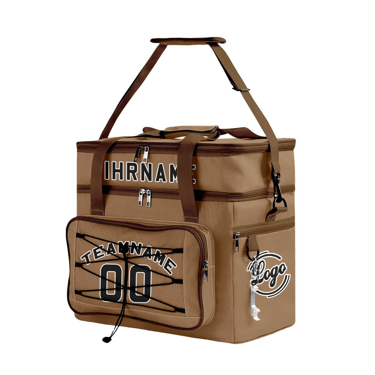 Maßgeschickerte Braun Schwarz vollflächig bedruckte isolierte Kühltasche mit Doppelwand Wasserdichte 600D Oxford Picknick-Tragetasche für Teamevents & Outdoor-Grillen