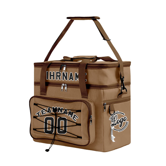 Maßgeschickerte Braun Schwarz vollflächig bedruckte isolierte Kühltasche mit Doppelwand Wasserdichte 600D Oxford Picknick-Tragetasche für Teamevents & Outdoor-Grillen