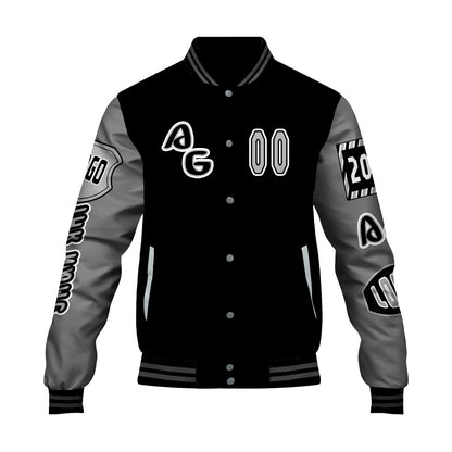 Maßgeschneiderte Schwarz Grau Letterman Varsity Jacket Individuelle Stickerei  Druck nach Ihrem Wunsch