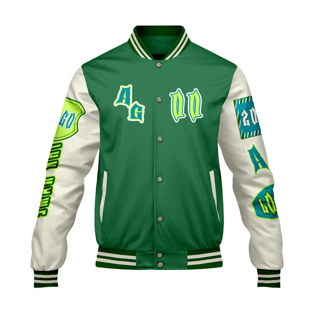 Maßgeschneiderte Grün Cyan Letterman Varsity Jacket Individuelle Stickerei  Druck nach Ihrem Wunsch
