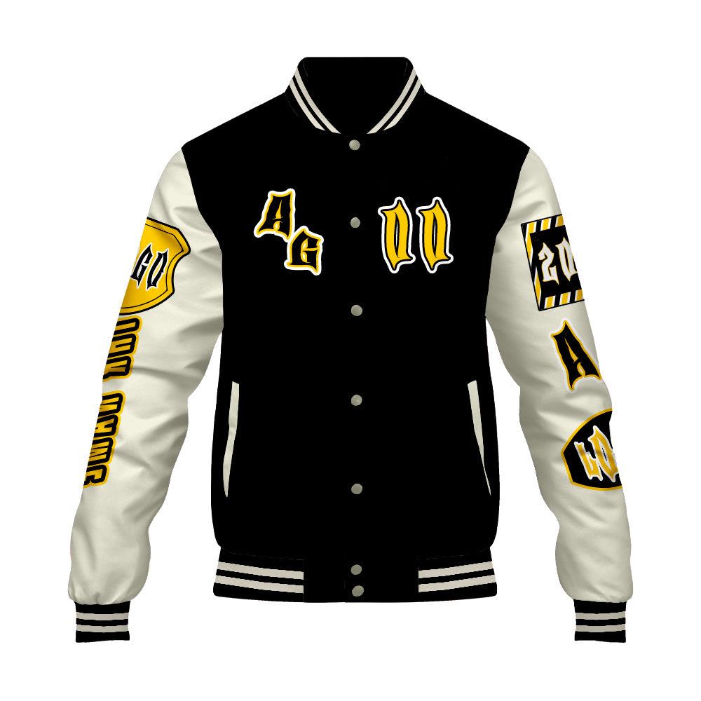 Maßgeschneiderte Schwarz Gelb Letterman Varsity Jacket Individuelle Stickerei  Druck nach Ihrem Wunsch
