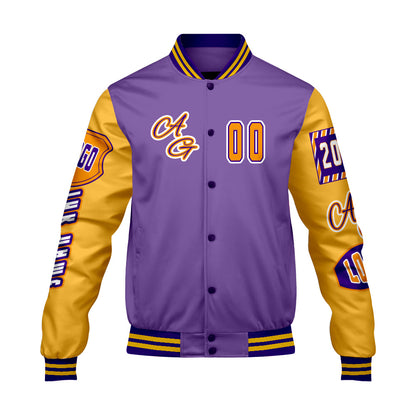 Maßgeschneiderte Lila Gelb Letterman Varsity Jacket Individuelle Stickerei  Druck nach Ihrem Wunsch