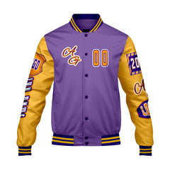 Maßgeschneiderte Lila Gelb Letterman Varsity Jacket Individuelle Stickerei  Druck nach Ihrem Wunsch