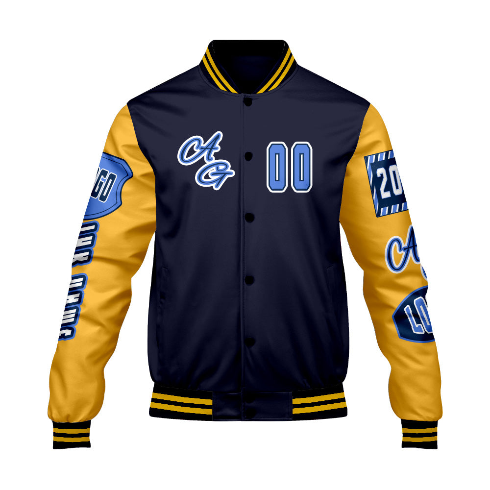 Maßgeschneiderte Marine Gelb Letterman Varsity Jacket Individuelle Stickerei  Druck nach Ihrem Wunsch