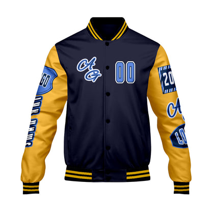 Maßgeschneiderte Marine Gelb Letterman Varsity Jacket Individuelle Stickerei  Druck nach Ihrem Wunsch