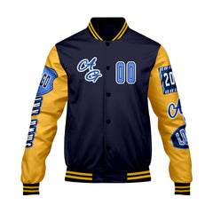 Maßgeschneiderte Marine Gelb Letterman Varsity Jacket Individuelle Stickerei  Druck nach Ihrem Wunsch