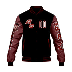 Maßgeschneiderte Schwarz Rot Letterman Varsity Jacket Individuelle Stickerei  Druck nach Ihrem Wunsch