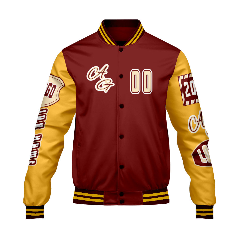 Maßgeschneiderte Rot Gelb Letterman Varsity Jacket Individuelle Stickerei  Druck nach Ihrem Wunsch
