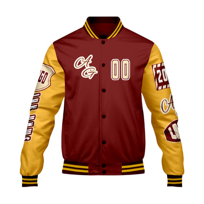 Maßgeschneiderte Rot Gelb Letterman Varsity Jacket Individuelle Stickerei  Druck nach Ihrem Wunsch
