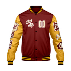 Maßgeschneiderte Rot Gelb Letterman Varsity Jacket Individuelle Stickerei  Druck nach Ihrem Wunsch