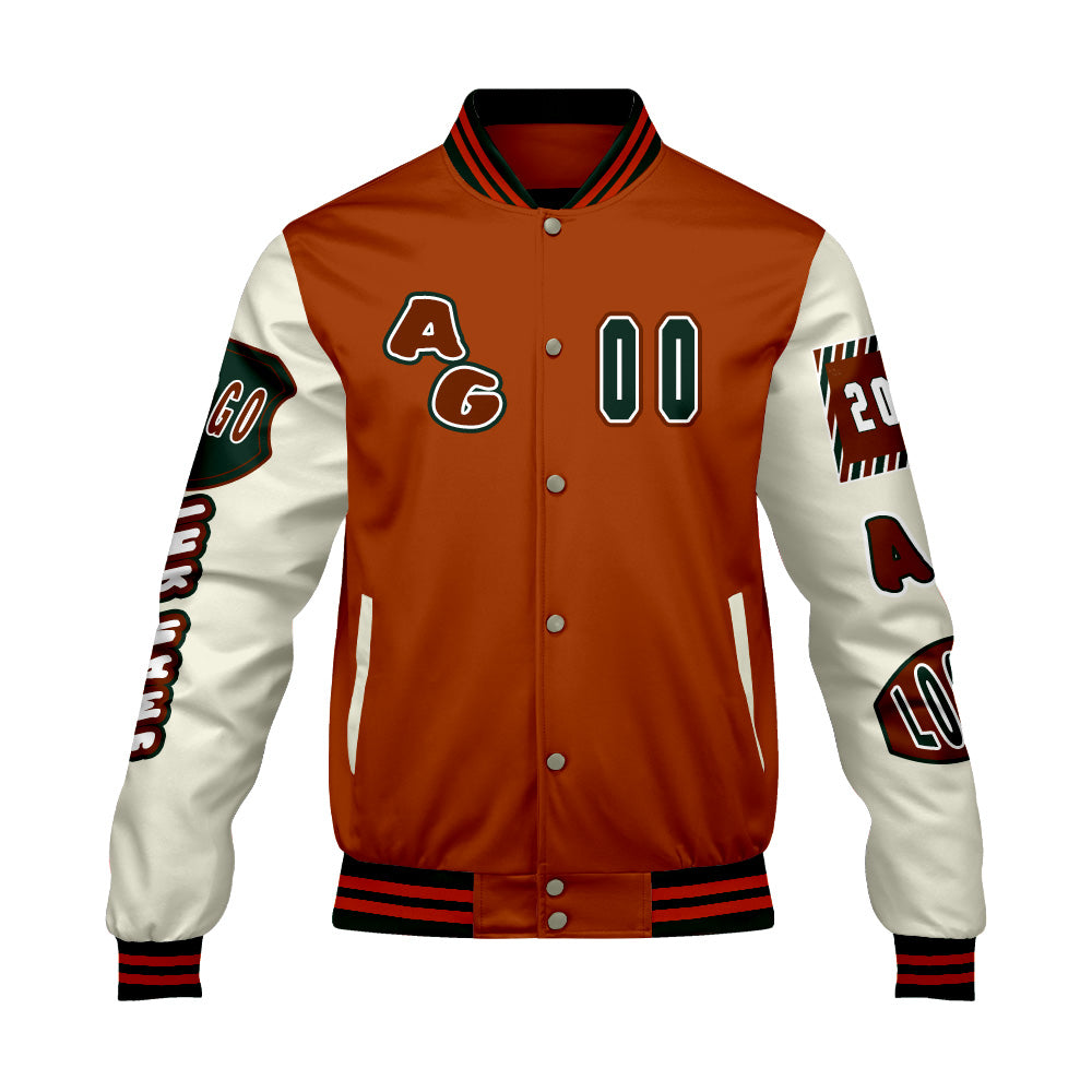 Maßgeschneiderte Orange Grün Letterman Varsity Jacket Individuelle Stickerei  Druck nach Ihrem Wunsch