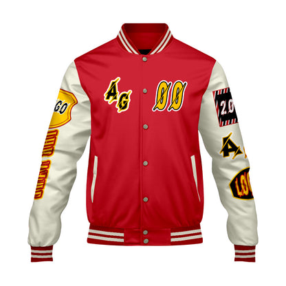 Maßgeschneiderte Rot Gelb Letterman Varsity Jacket Individuelle Stickerei  Druck nach Ihrem Wunsch