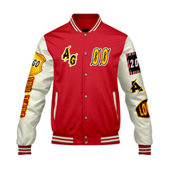 Maßgeschneiderte Rot Gelb Letterman Varsity Jacket Individuelle Stickerei  Druck nach Ihrem Wunsch