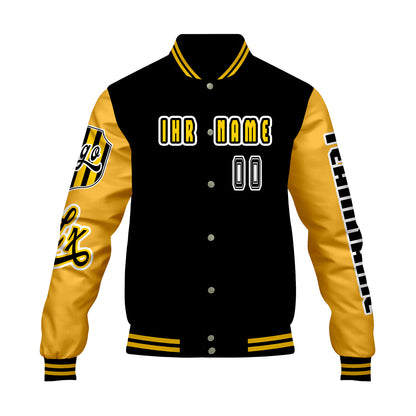 Maßgeschneiderte Schwarz Gelb Letterman Varsity Jacket Individuelle Stickerei  Druck nach Ihrem Wunsch