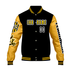 Maßgeschneiderte Schwarz Gelb Letterman Varsity Jacket Individuelle Stickerei  Druck nach Ihrem Wunsch