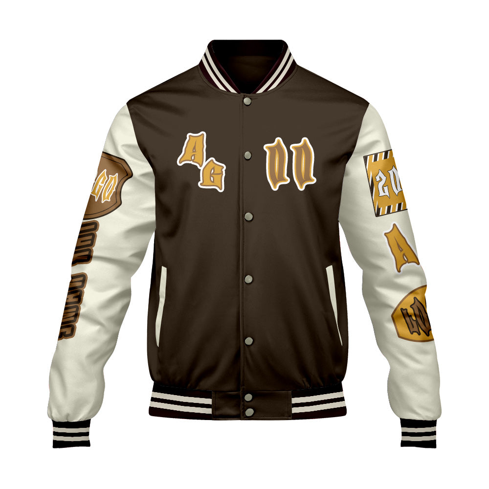 Maßgeschneiderte Braun Gelb Letterman Varsity Jacket Individuelle Stickerei  Druck nach Ihrem Wunsch