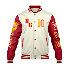 Maßgeschneiderte Rot Gelb Letterman Varsity Jacket Individuelle Stickerei  Druck nach Ihrem Wunsch