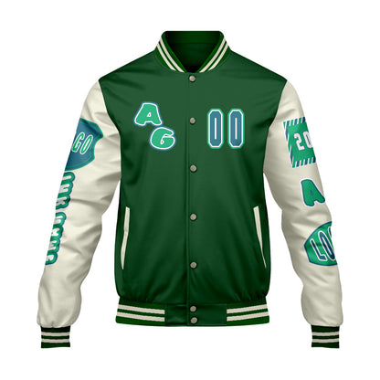 Maßgeschneiderte Grün Weiß Letterman Varsity Jacket Individuelle Stickerei  Druck nach Ihrem Wunsch