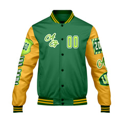 Maßgeschneiderte Grün Gelb Letterman Varsity Jacket Individuelle Stickerei  Druck nach Ihrem Wunsch