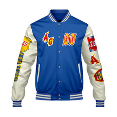 Maßgeschneiderte Blau Gelb Letterman Varsity Jacket Individuelle Stickerei  Druck nach Ihrem Wunsch