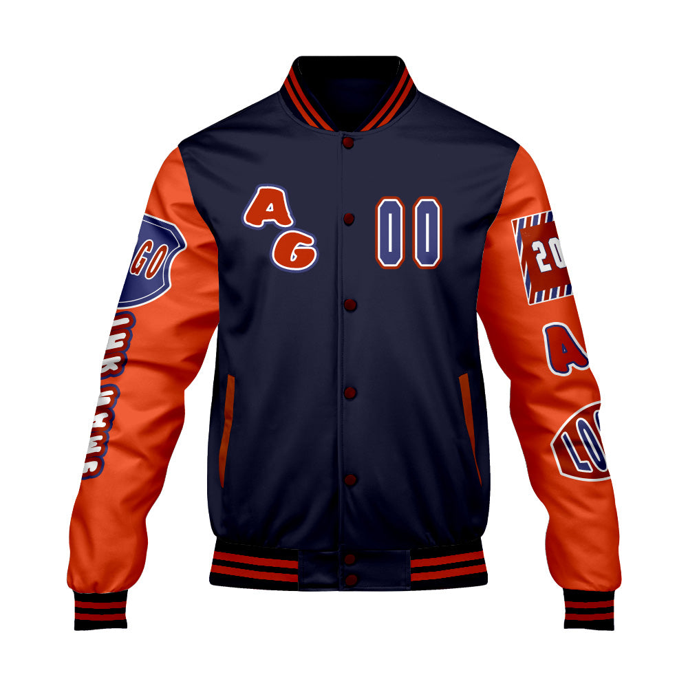 Maßgeschneiderte Marine Orange Letterman Varsity Jacket Individuelle Stickerei  Druck nach Ihrem Wunsch