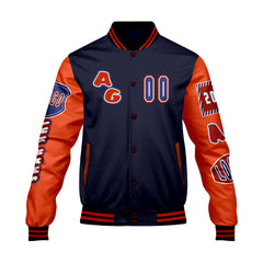 Maßgeschneiderte Marine Orange Letterman Varsity Jacket Individuelle Stickerei  Druck nach Ihrem Wunsch