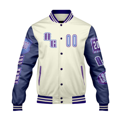 Maßgeschneiderte Lila Blau Letterman Varsity Jacket Individuelle Stickerei  Druck nach Ihrem Wunsch
