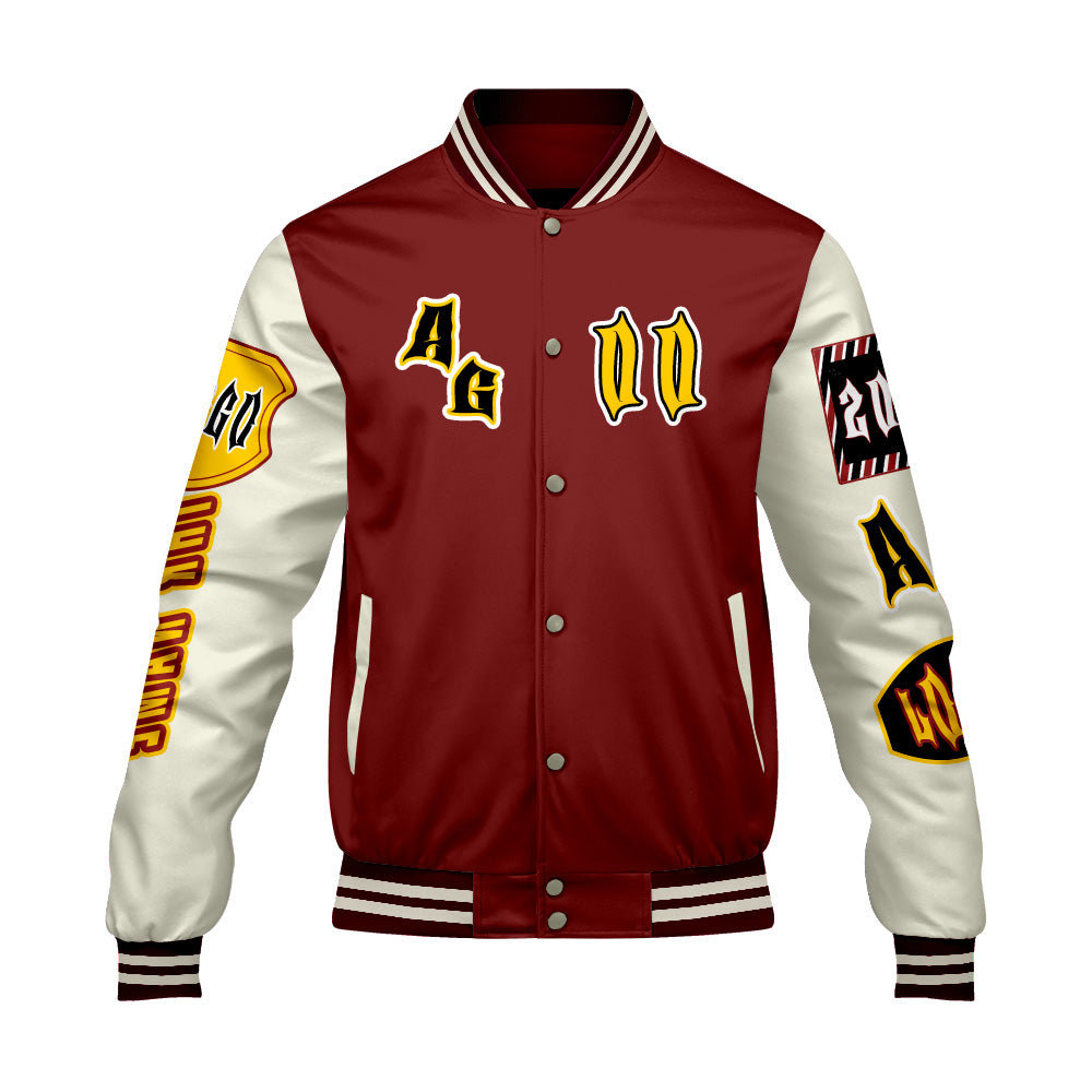 Maßgeschneiderte Rot Gelb Letterman Varsity Jacket Individuelle Stickerei  Druck nach Ihrem Wunsch