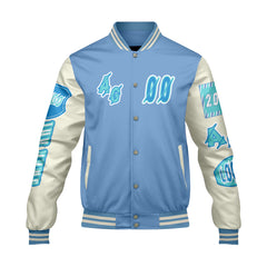Maßgeschneiderte Blau Cyan Letterman Varsity Jacket Individuelle Stickerei  Druck nach Ihrem Wunsch