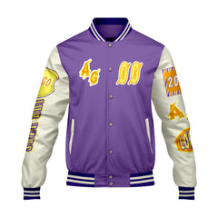 Maßgeschneiderte Lila Gelb Letterman Varsity Jacket Individuelle Stickerei  Druck nach Ihrem Wunsch