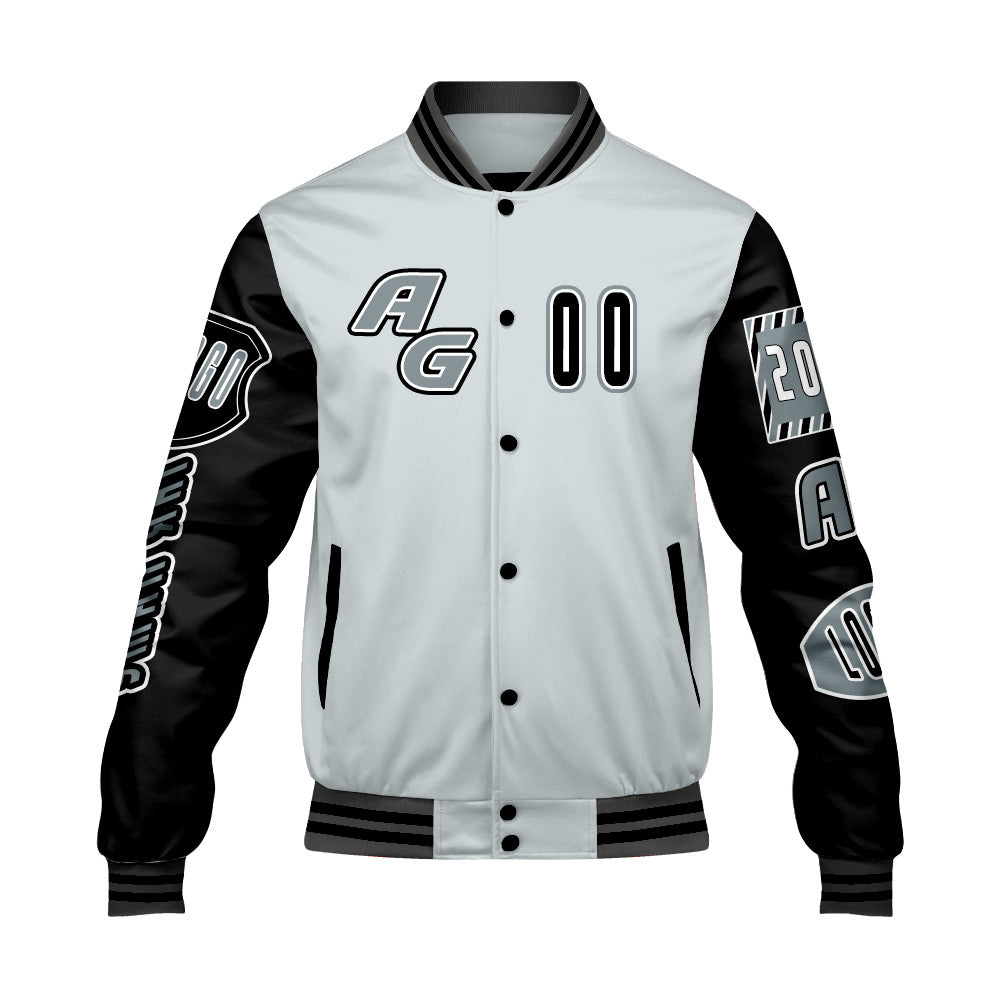 Maßgeschneiderte Grau Schwarz Letterman Varsity Jacket Individuelle Stickerei  Druck nach Ihrem Wunsch