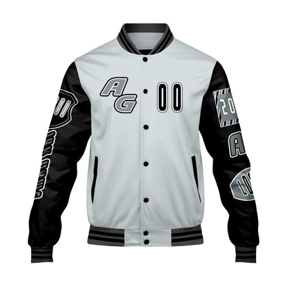 Maßgeschneiderte Grau Schwarz Letterman Varsity Jacket Individuelle Stickerei  Druck nach Ihrem Wunsch
