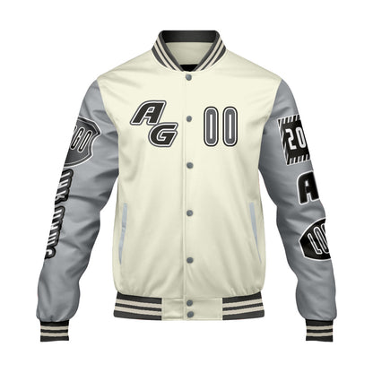 Maßgeschneiderte Grau Weiß Letterman Varsity Jacket Individuelle Stickerei  Druck nach Ihrem Wunsch