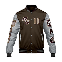 Maßgeschneiderte Braun Grau Letterman Varsity Jacket Individuelle Stickerei  Druck nach Ihrem Wunsch