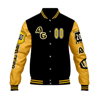Maßgeschneiderte Schwarz Gelb Letterman Varsity Jacket Individuelle Stickerei  Druck nach Ihrem Wunsch