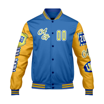 Maßgeschneiderte Blau Gelb Letterman Varsity Jacket Individuelle Stickerei  Druck nach Ihrem Wunsch