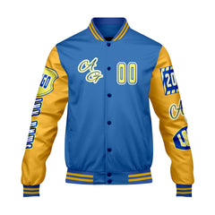 Maßgeschneiderte Blau Gelb Letterman Varsity Jacket Individuelle Stickerei  Druck nach Ihrem Wunsch