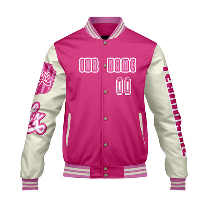 Maßgeschneiderte Rosa Weiß Letterman Varsity Jacket Individuelle Stickerei  Druck nach Ihrem Wunsch