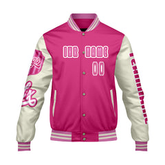 Maßgeschneiderte Rosa Weiß Letterman Varsity Jacket Individuelle Stickerei  Druck nach Ihrem Wunsch