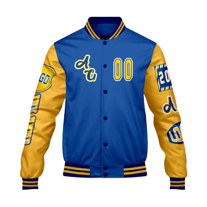 Maßgeschneiderte Blau Gelb Letterman Varsity Jacket Individuelle Stickerei  Druck nach Ihrem Wunsch